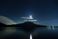 富士と月と流れ星