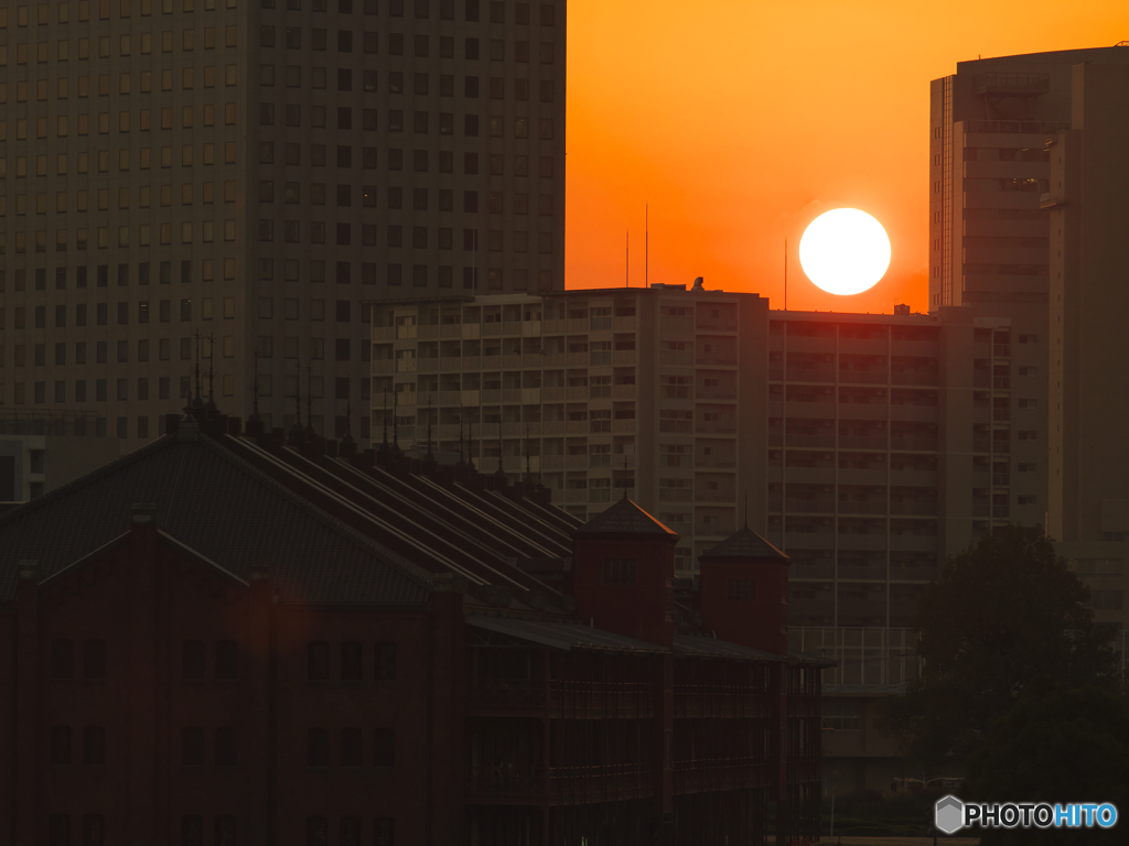 夕日と赤レンガ倉庫