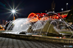 夜のイルカの噴水