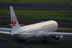 夕日が当たるJAL機