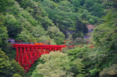 赤い鉄橋、橙の車両