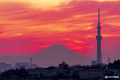 夕焼と富士山とスカイツリー