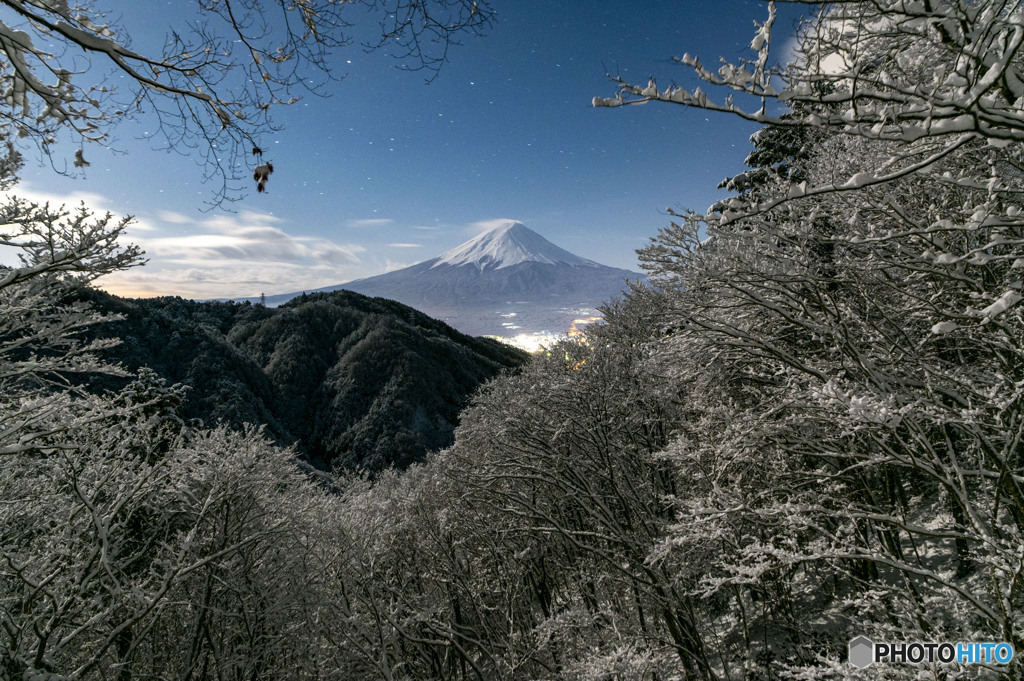 月光に輝く雪景色