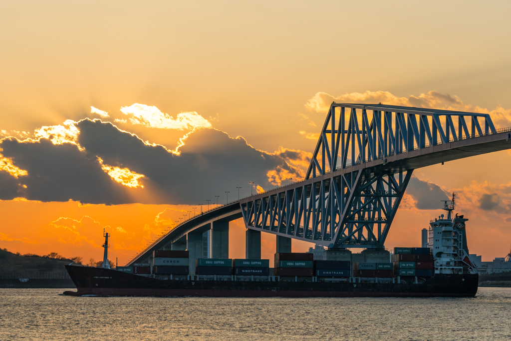 ゲートブリッジと貨物船