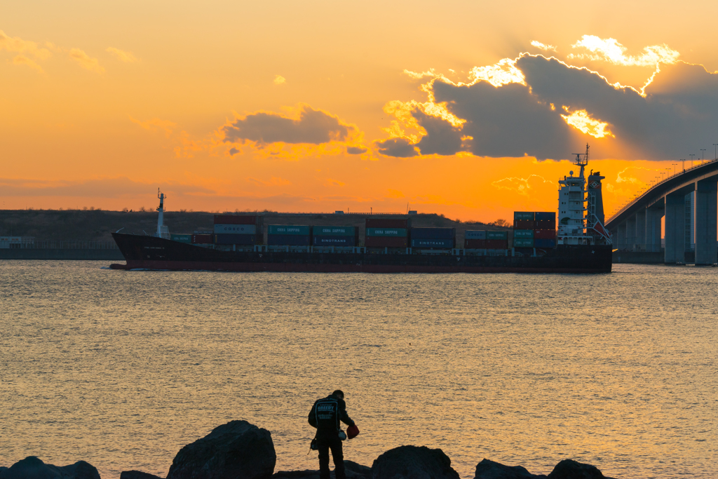 ゲートブリッジと貨物船