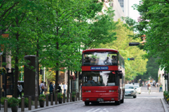 新緑の中を赤バスがゆく！