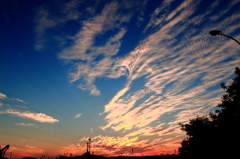 燃える夕日、吸い込まれる雲は弧を描く。