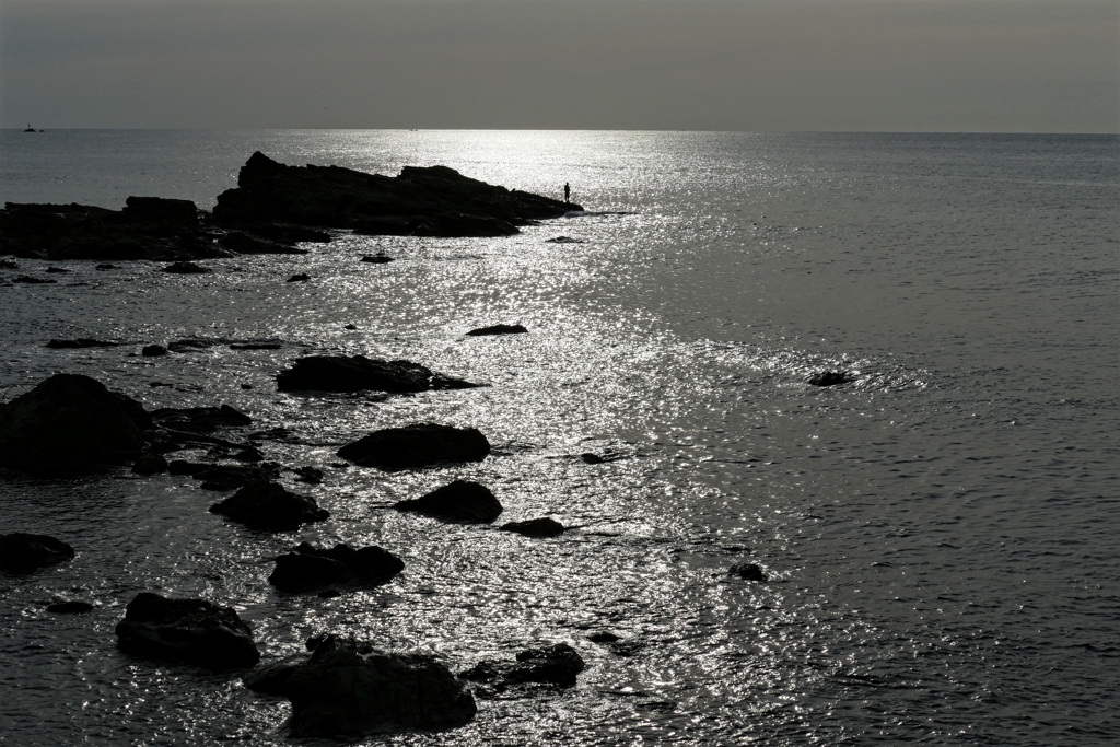 銀色のなか釣り人ひとり