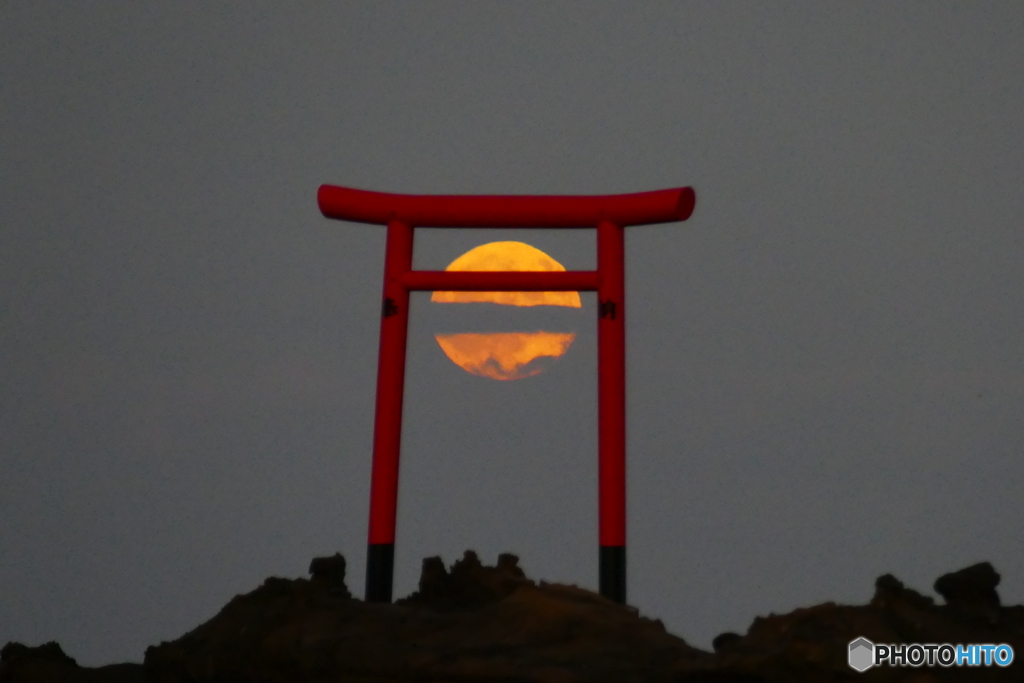 満月と鳥居と