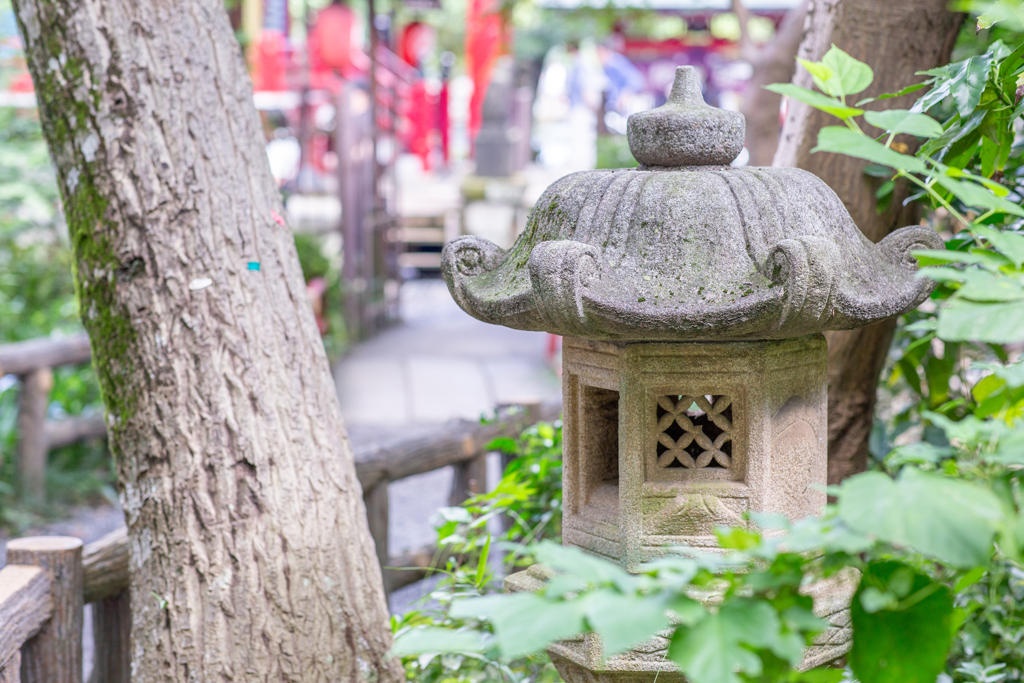 静寂の灯篭と赤い鳥居。
