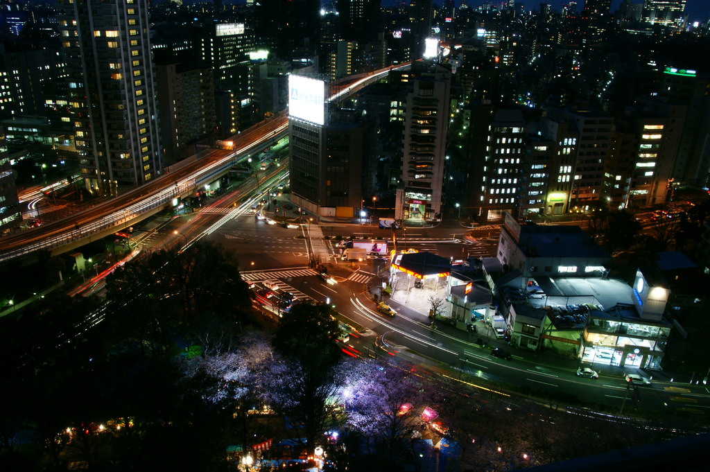 街と夜桜