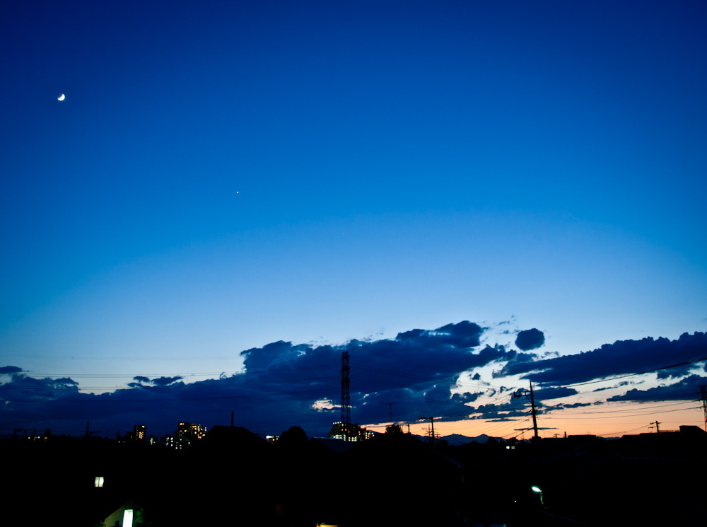 夕焼け、月、金星