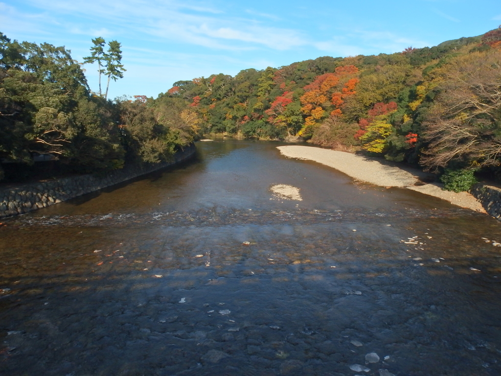 紅葉色づく五十鈴川