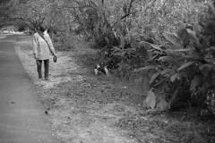 散歩してるマックとお母さん