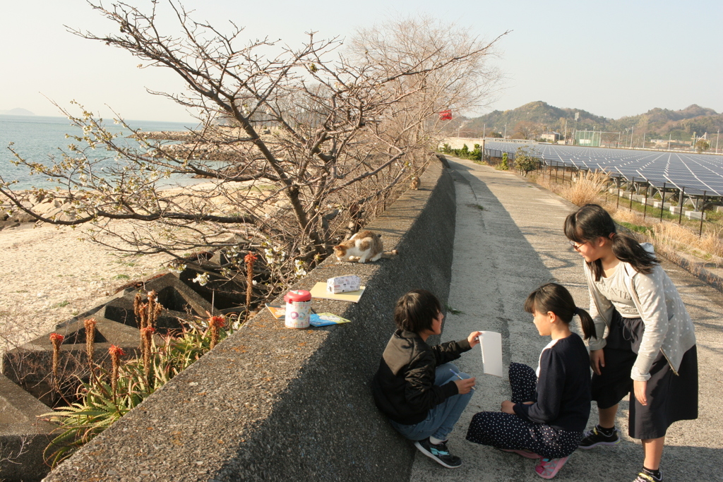 何やら春休みの宿題してるっぽい女の子たちとトムくん