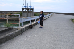 散歩中のチロルとお姉さん