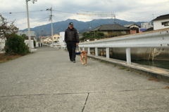 会長さんと散歩するモクちゃん