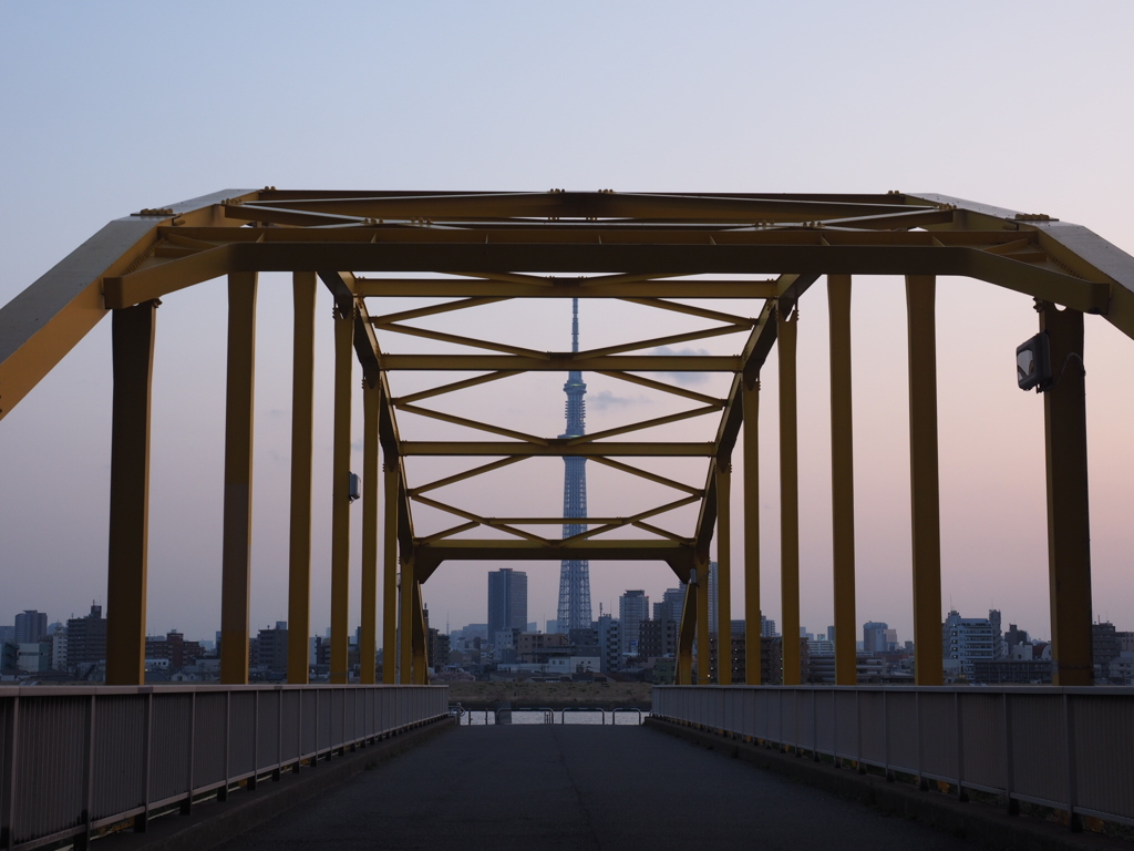 東四つ木避難橋とスカイツリー