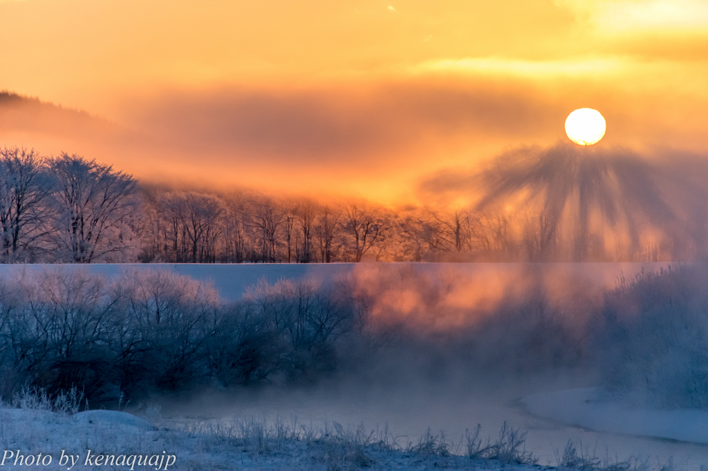 極寒の太陽と霧の朝
