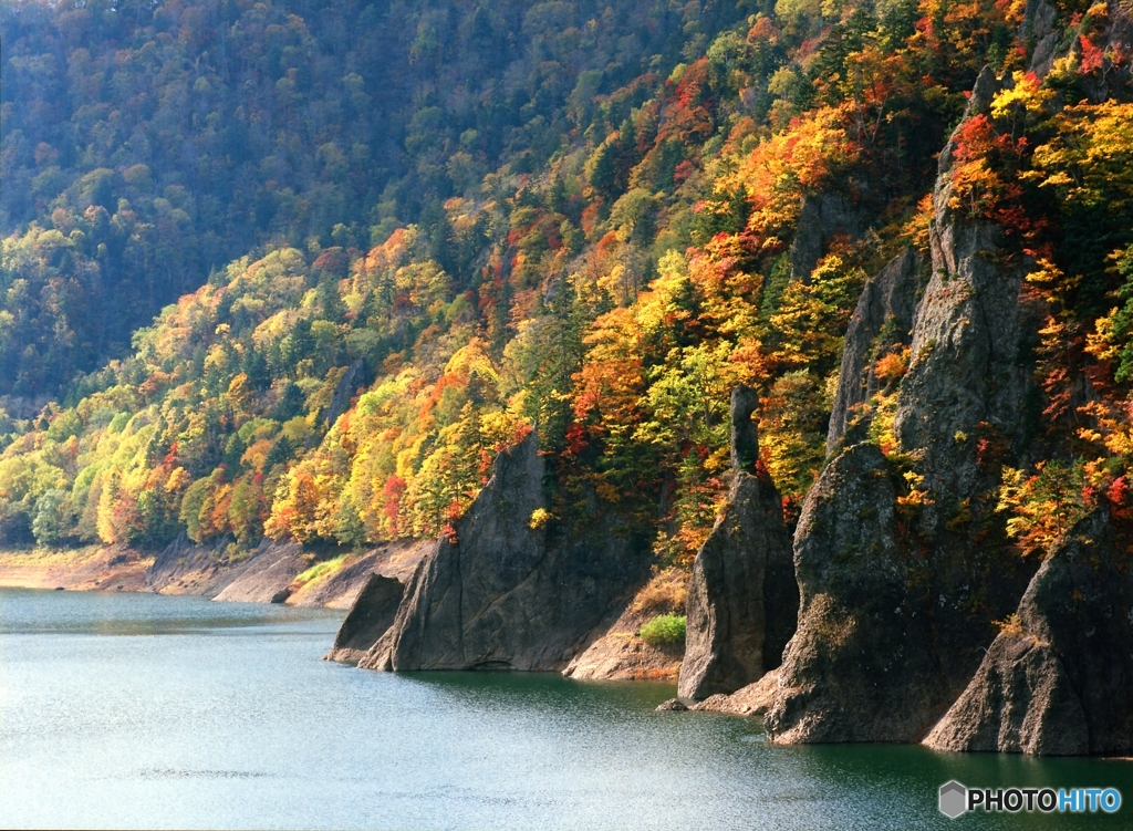 紅葉のダム湖