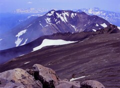 火山灰地と残雪の山
