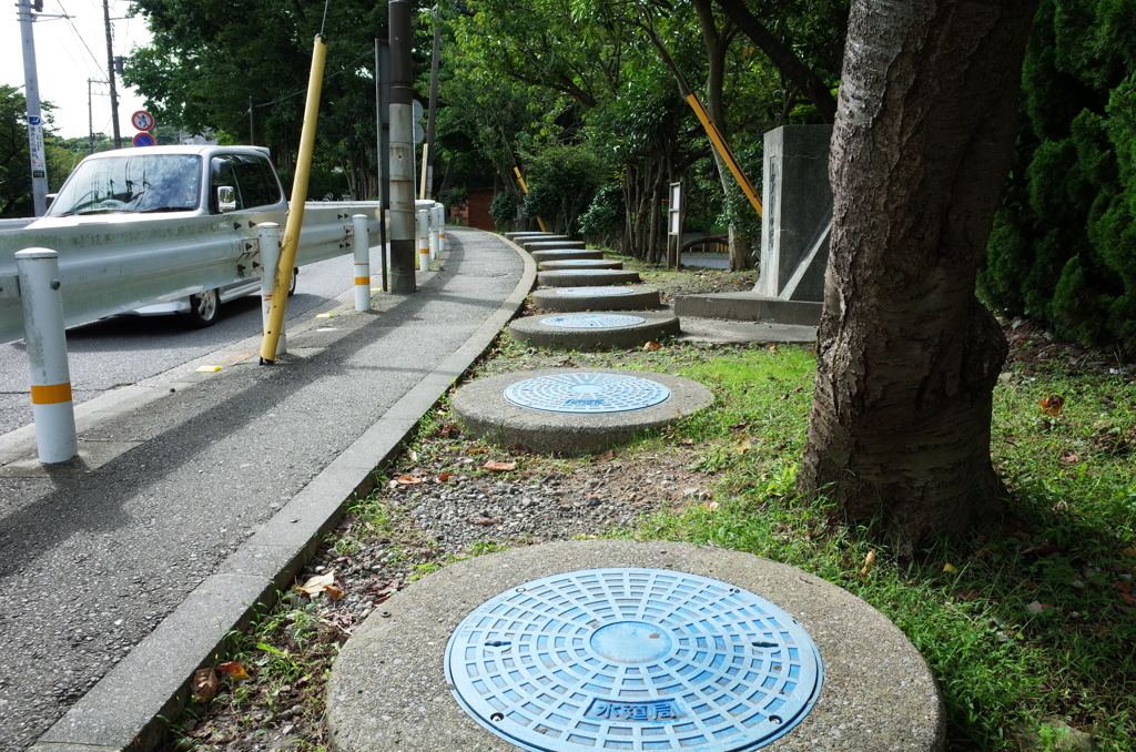 青い蓋のマンホール