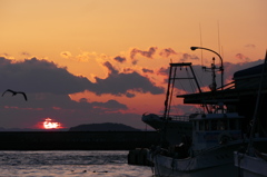 沈みゆく漁港の夕陽