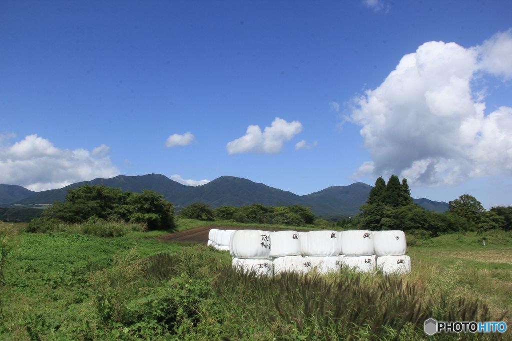 初秋の頃　　牧草ロールと蒜山三座