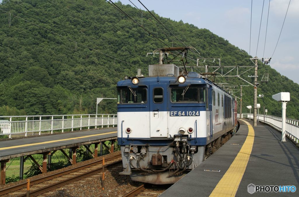 高架駅を通過するEF64-1024