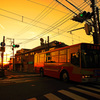 オレンジバスが夕陽に染められて
