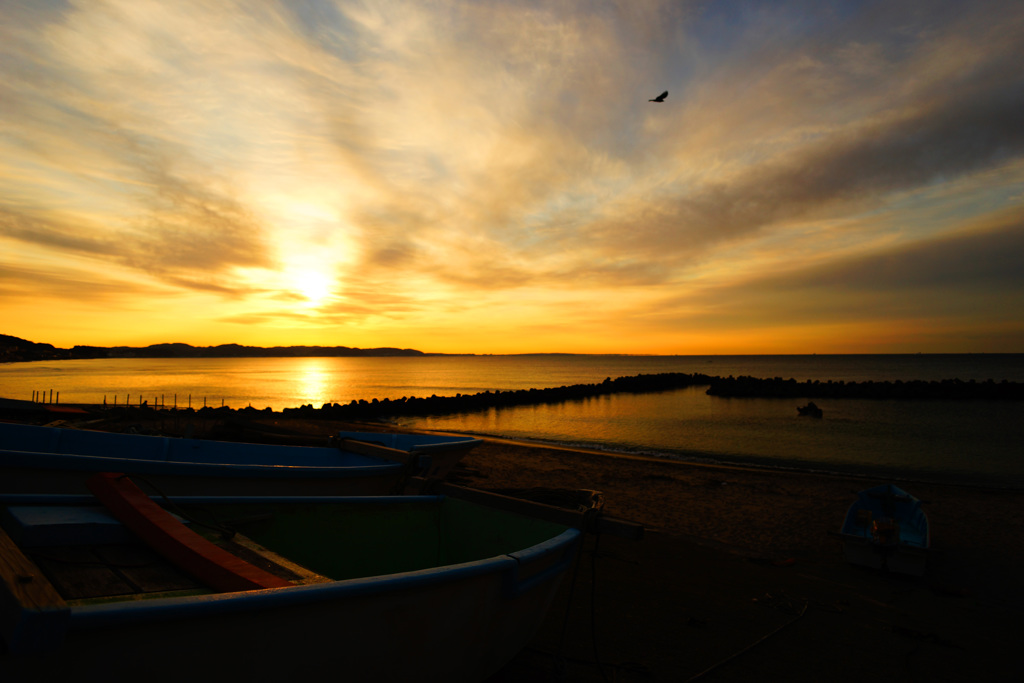小舟を照らす晩冬の朝陽