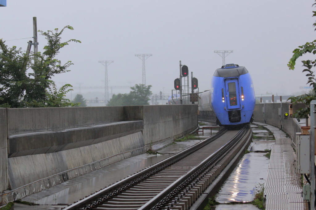 雨の高架駅で