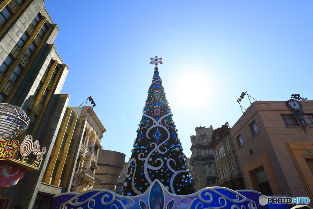 青空にのびるクリスマスツリー