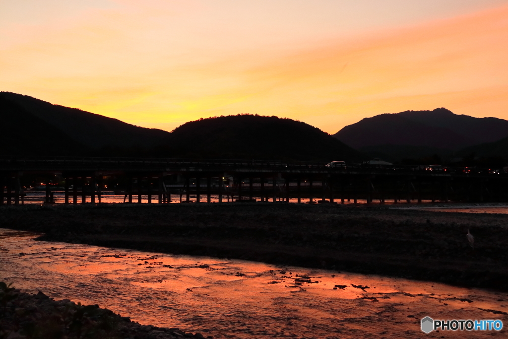 夕焼け色に染まる川