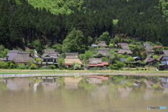 田んぼに映るかやぶき屋根の家