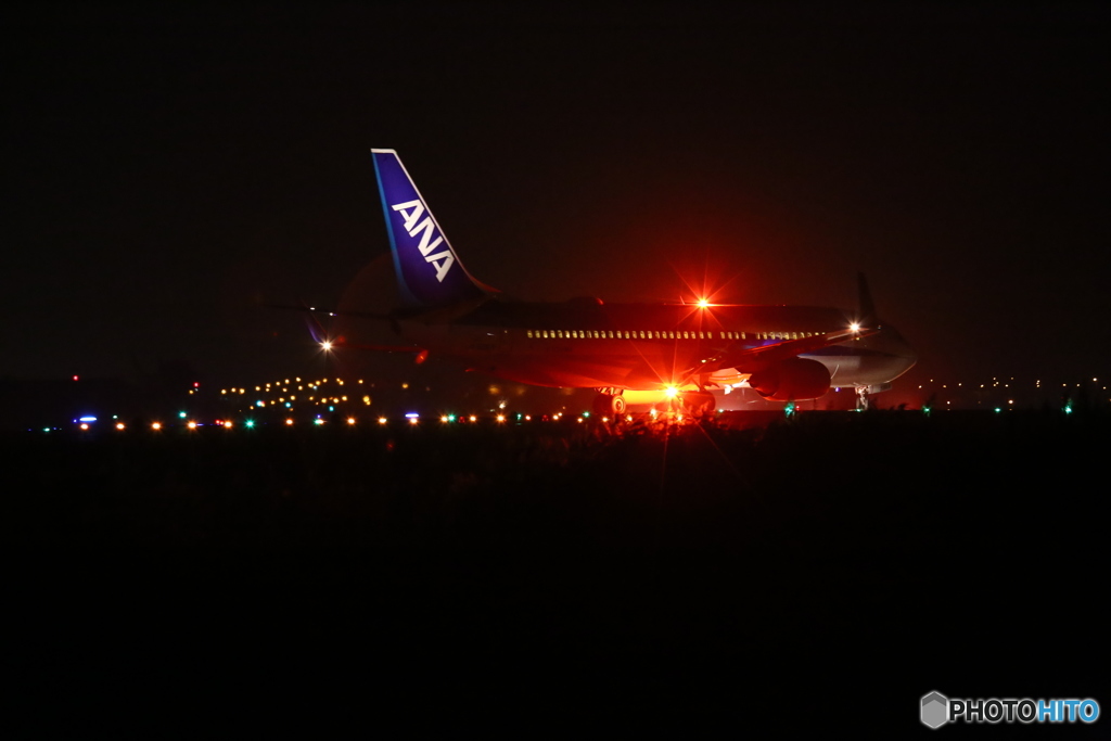 仙台空港　夜景　ＡＮＡ　離陸