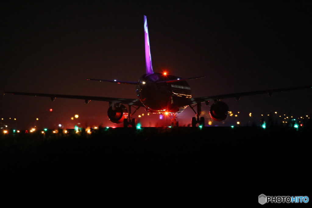 仙台空港　夜景　peach　離陸