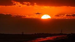 夕日をバックに