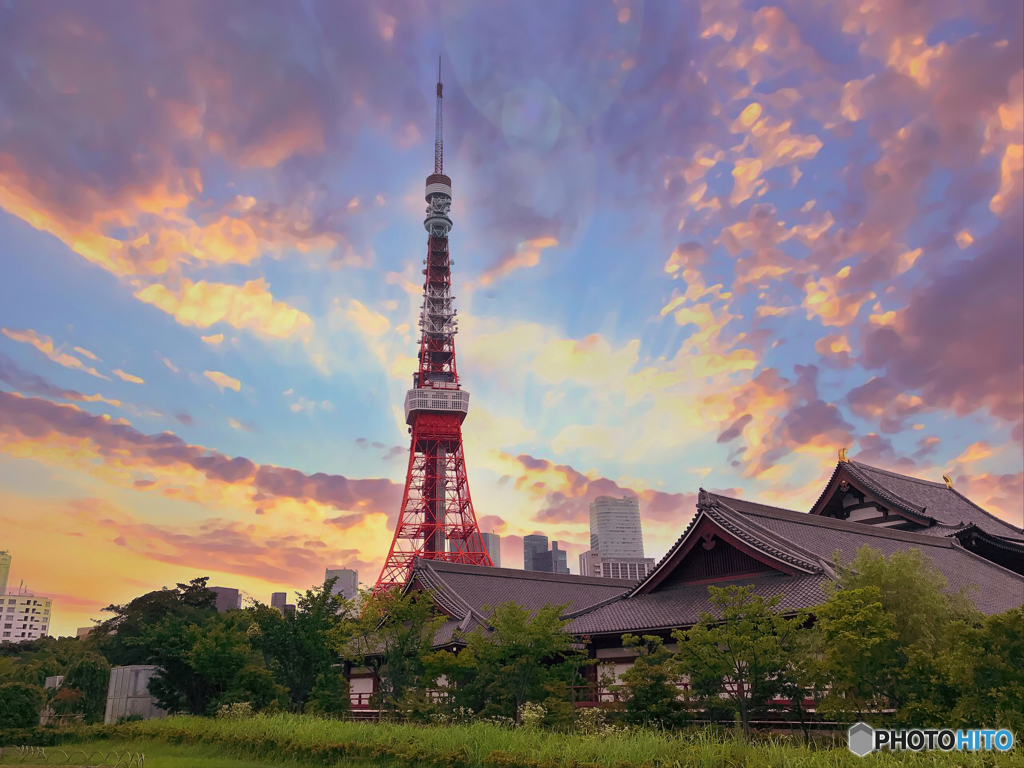 増上寺とタワーの夕景