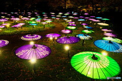 ライトアップされた和傘のオブジェ