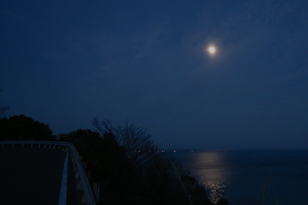 春の海と月と灯台に向かう道