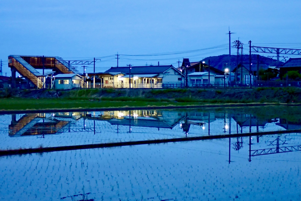 田んぼに映る駅