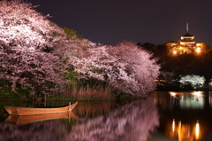 満開夜桜を船はゆく