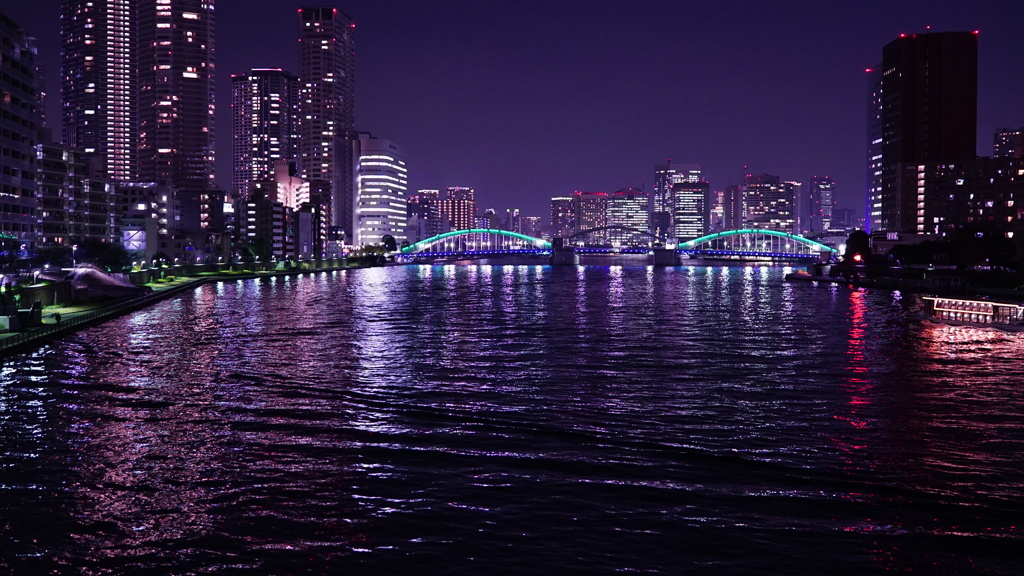 佃大橋夜景と尾形船