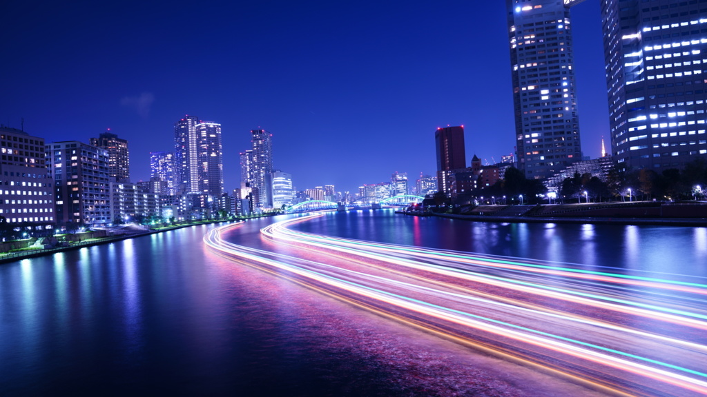 佃大橋夜景と光跡、スカイツリーコラボ