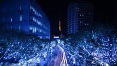 六本木ヒルズ夜景、東京タワー、光跡