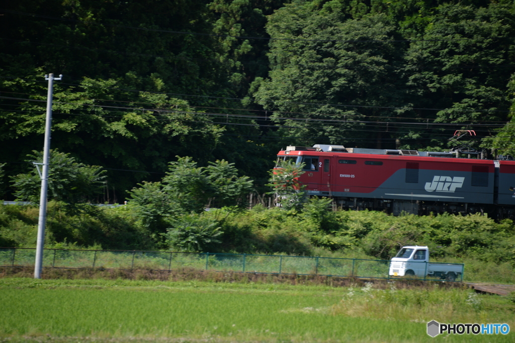 貨物列車と軽トラ