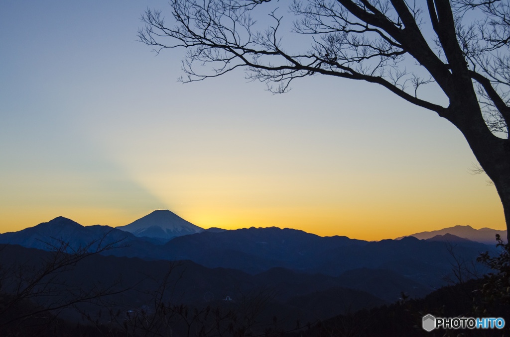 正月の高尾山山頂より富士山を望む