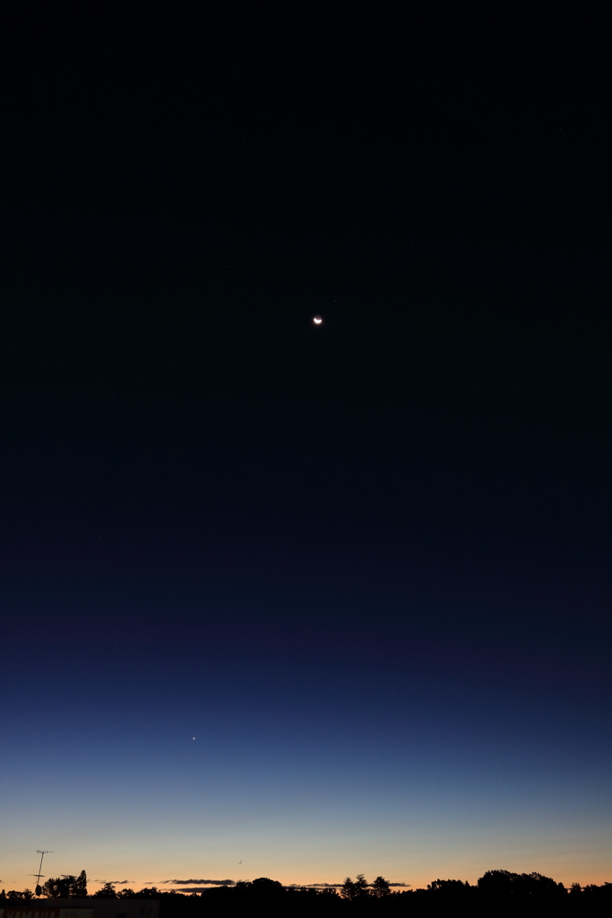 夜明けの月と金星