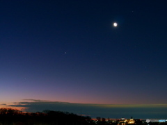 火星、月、木星、土星と朝焼け